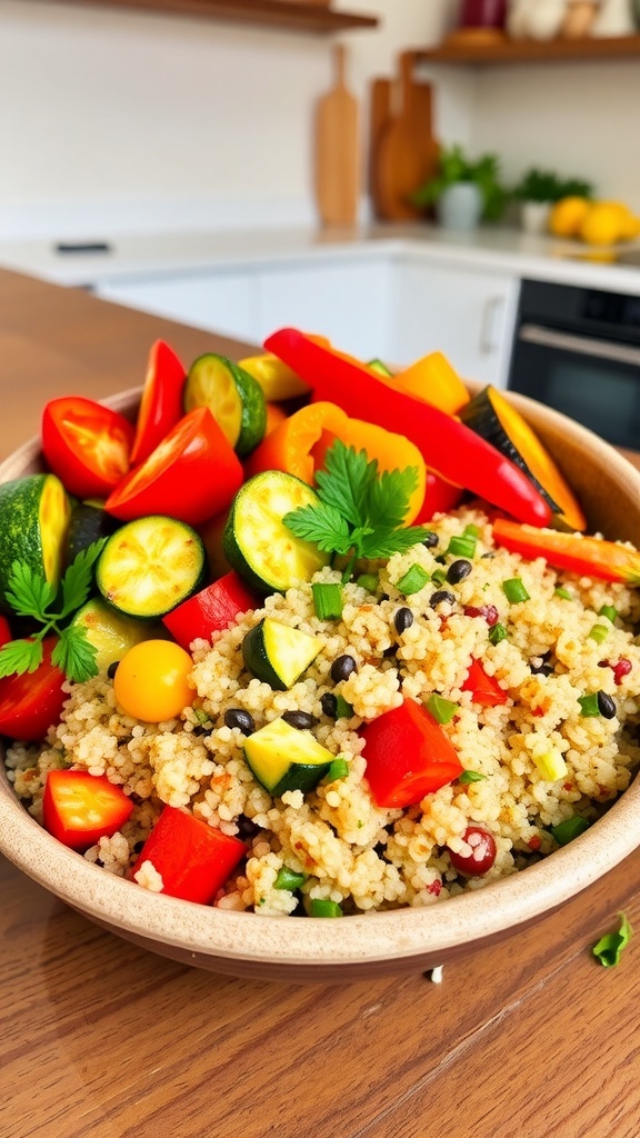 Quinoa Bowl with Roasted Vegetables Recipe A colorful quinoa bowl with roasted bell peppers, zucchini, and carrots, garnished with herbs on a wooden table.